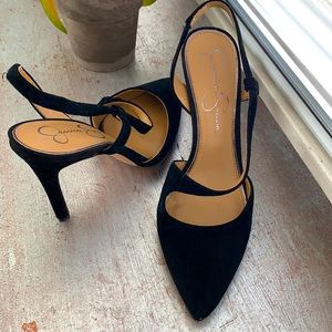 Black suede, sling back, pointed toe heels.